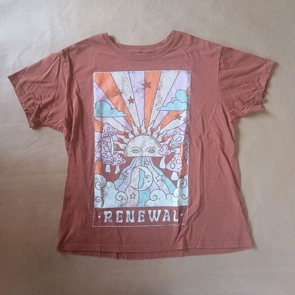 Mighty Fine Tops - Mighty Fine T Shirt Orange Renewal Graphic Short Sleeve Tee Size L Boho Festival